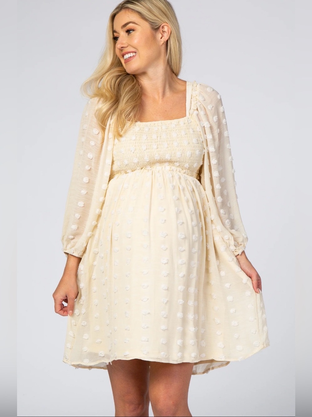 PinkBlush Cream Swiss Dot Smocked Maternity Dress